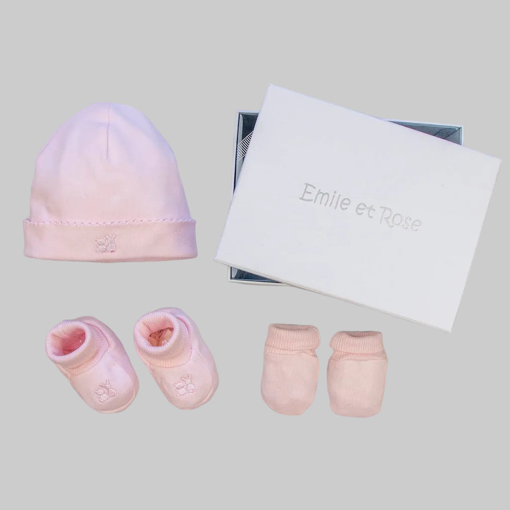 Pink baby hat, mitts and booties set with 'Emile et Rose' box