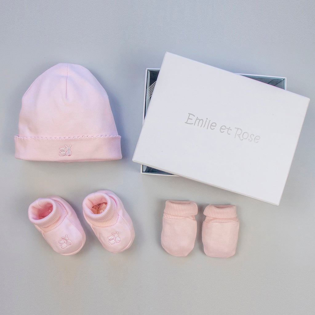 Pink baby hat, mitts and booties set with 'Emile et Rose' box Pink baby hat, mitts and booties set with 'Emile et Rose' box