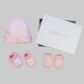 Pink baby hat, mitts and booties set with 'Emile et Rose' box