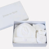 NOX White baby hat mitts and booties set in a box with 'Emile et Rose' branding.
