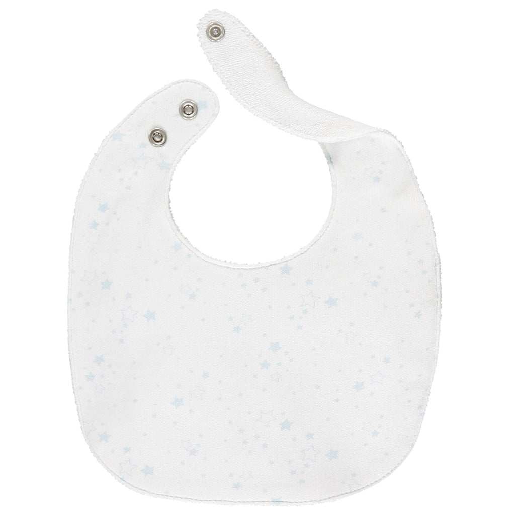 Emile et rose white baby bib with a subtle light blue star pattern, featuring a curved neck strap.