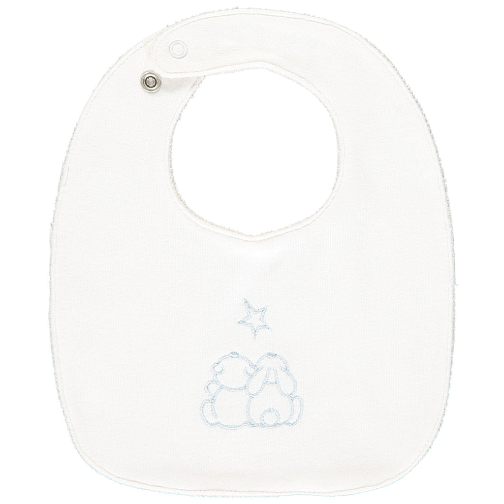 Emile et Rose white baby bib with a light blue embroidered design of two teddy bears sitting under a star