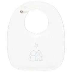 Emile et Rose white baby bib with a light blue embroidered design of two teddy bears sitting under a star