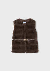 Mayoral Girls Fur Gilet with Belt in coffee. Lightweight layering piece featuring faux fur detailing and an adjustable belt
