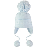 EMILE et ROSE Griffin - Baby blue knitted helmet-shaped hat with ear flaps and small pompoms trimming the ends of the ties below each ear. The main feature is the fun, over-size pompom on the top!