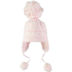 EMILE et ROSE Griffin - Baby pink knitted helmet-shaped hat with ear flaps and small pompoms trimming the ends of the ties below each ear. The main feature is the fun, over-size pompom on the top!