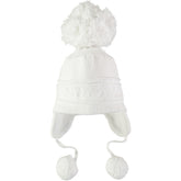 EMILE et ROSE Griffin - Baby white knitted helmet-shaped hat with ear flaps and small pompoms trimming the ends of the ties below each ear. The main feature is the fun, over-size pompom on the top!