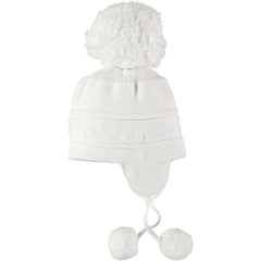 EMILE et ROSE Griffin - Baby white knitted helmet-shaped hat with ear flaps and small pompoms trimming the ends of the ties below each ear. The main feature is the fun, over-size pompom on the top!