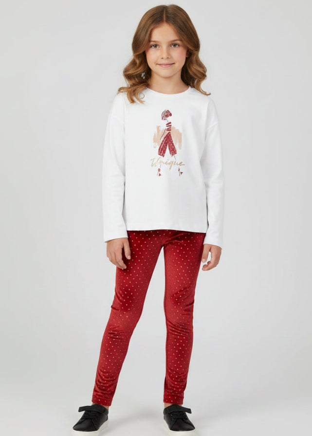 Girls Mayoral Long Sleeved Top with fashion girl graphic paired with velvet Leggings