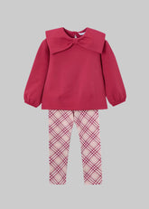Mayoral red pullover with a large collar and plaid leggings.
