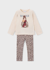 Mayoral knit leggings set featuring a striking leopard print on a warm chestnut base