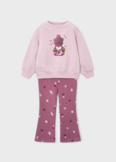 Mayoral Cosy fleece pullover with adorable bear design paired with heart-print leggings. Soft Violet