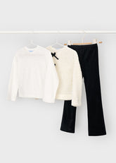Mayoral mini girls three-piece set with long-sleeved top, flared leggings, and jacket.