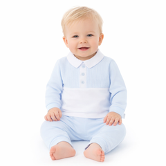 An elegant pale blue leisure set for baby boys by Pastels & Co, combining comfort with timeless style.
