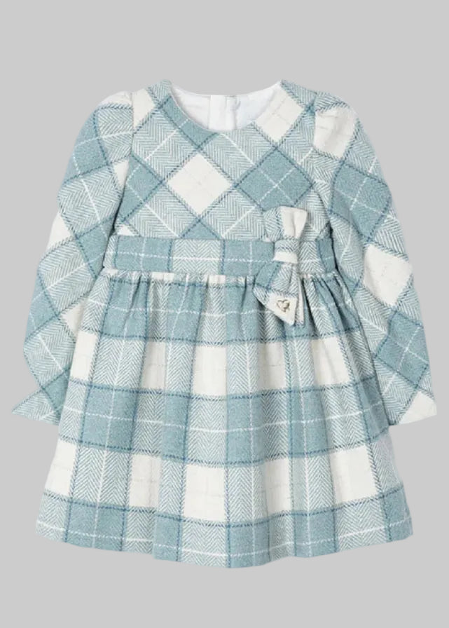 Mayoral Girls Check Dress with bow on waistband. Bluebell