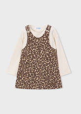 Mayoral Girls Twill Pinafore Dress in chestnut with coordinating long-sleeved t-shirt.