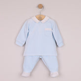 EMILE et ROSE Mason is another velour option for little boys but this time in a two piece. Mainly in soft pale blue velour the co-ordinating white collar and pocket edge are embroidered with blue and stone dashes. The cosy leggings have a gently elasticated waist and white feet with dash embroidery, simple, but smart.