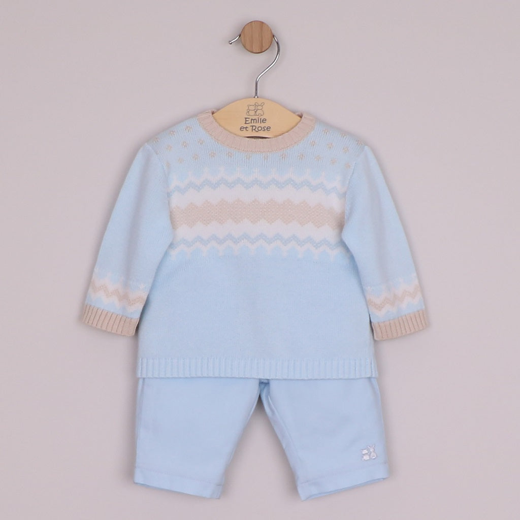 EMILE et ROSE Martin. This "smart casual" outfit should be part of any little boys’ wardrobe. The pale blue round neck jumper has a white and stone chevron and zig-zag Scandi design. The smart woven trousers have two pockets and a comfy waistline for baby