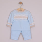 EMILE et ROSE Martin. This "smart casual" outfit should be part of any little boys’ wardrobe. The pale blue round neck jumper has a white and stone chevron and zig-zag Scandi design. The smart woven trousers have two pockets and a comfy waistline for baby