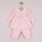 EMILE et ROSE Macey is a beautiful baby girls 2pc outfit in cosy Baby French Terry, the smock top has the same intricately embroidered, frilled inset yoke and pretty scalloped collar. On the trouser, the same frill from the yoke decorate each leg, very feminine!
