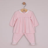 EMILE et ROSE cosy velour 2pc, is Michelle. This top has a pretty flower embroidered scallop hem adorning the yoke overlay. The perfect curved white collar edged with pink piping co-ordinates beautifully with the white feet of the cosy foot-in leggings.