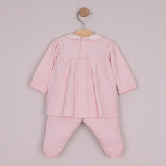 EMILE et ROSE cosy velour 2pc, is Michelle. This top has a pretty flower embroidered scallop hem adorning the yoke overlay. The perfect curved white collar edged with pink piping co-ordinates beautifully with the white feet of the cosy foot-in leggings.