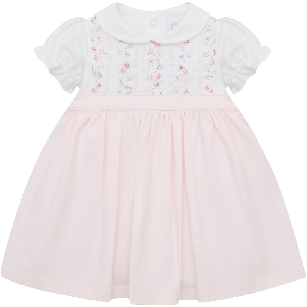 EMILE ET ROSE LILAH The top half of this beautiful dress is white with alternate columns of gorgeous embroidery in shades of pink & grey and intricate lace running vertically from collar to waist.