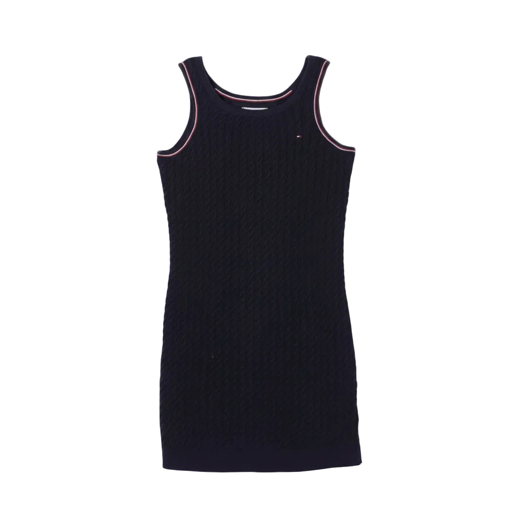 Discover the elegance of the Tommy Hilfiger navy dress, designed with the classic global stripe cable pattern