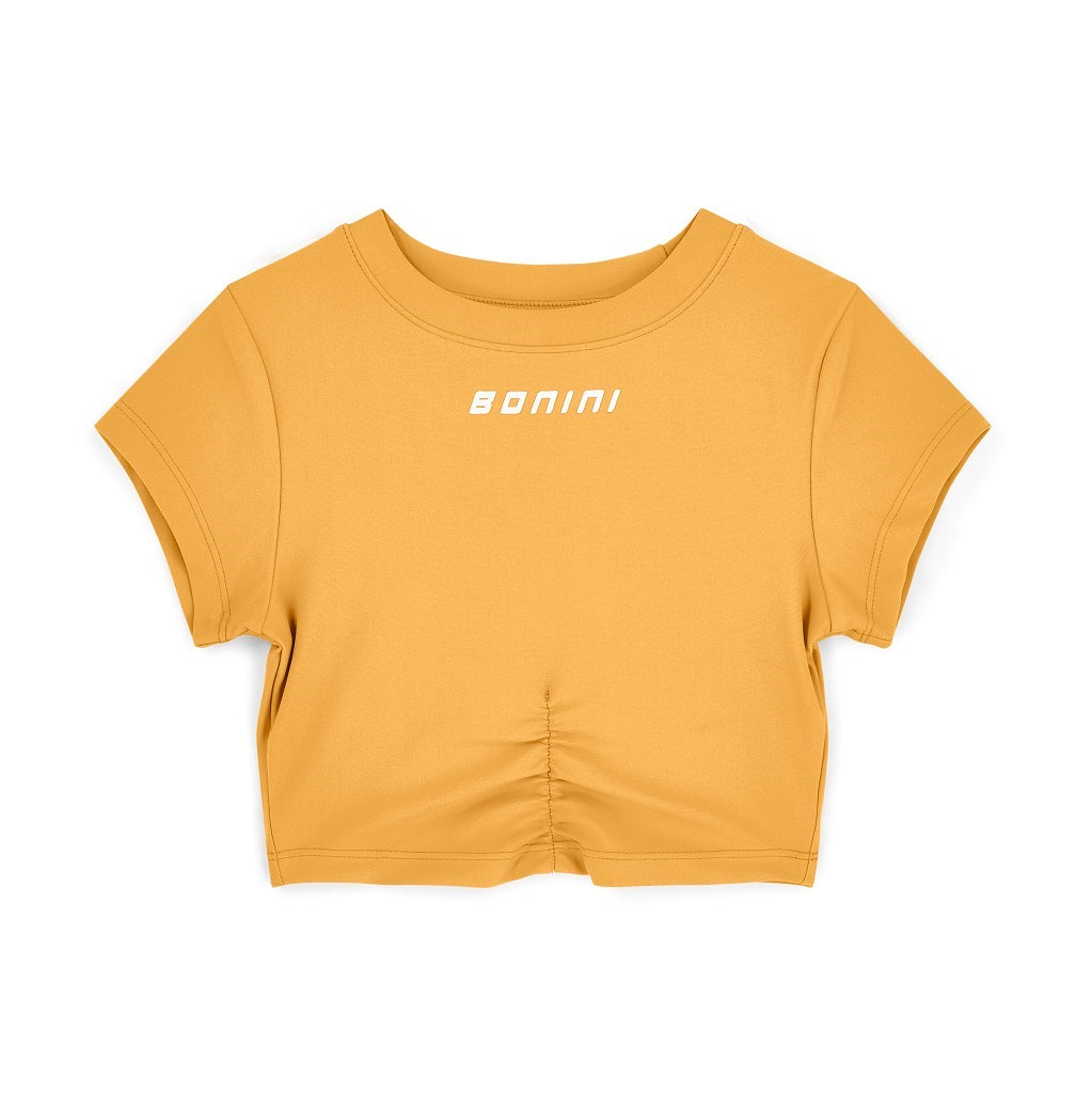 BONINI by ADee The Aspire short sleeve ruched t-shirt. Made from our signature fabric, a blend of polyester and elastane for ultimate stretch and comfort, it features ruched detail on the front and is finished with Bonini branding on the front. Florida Orange