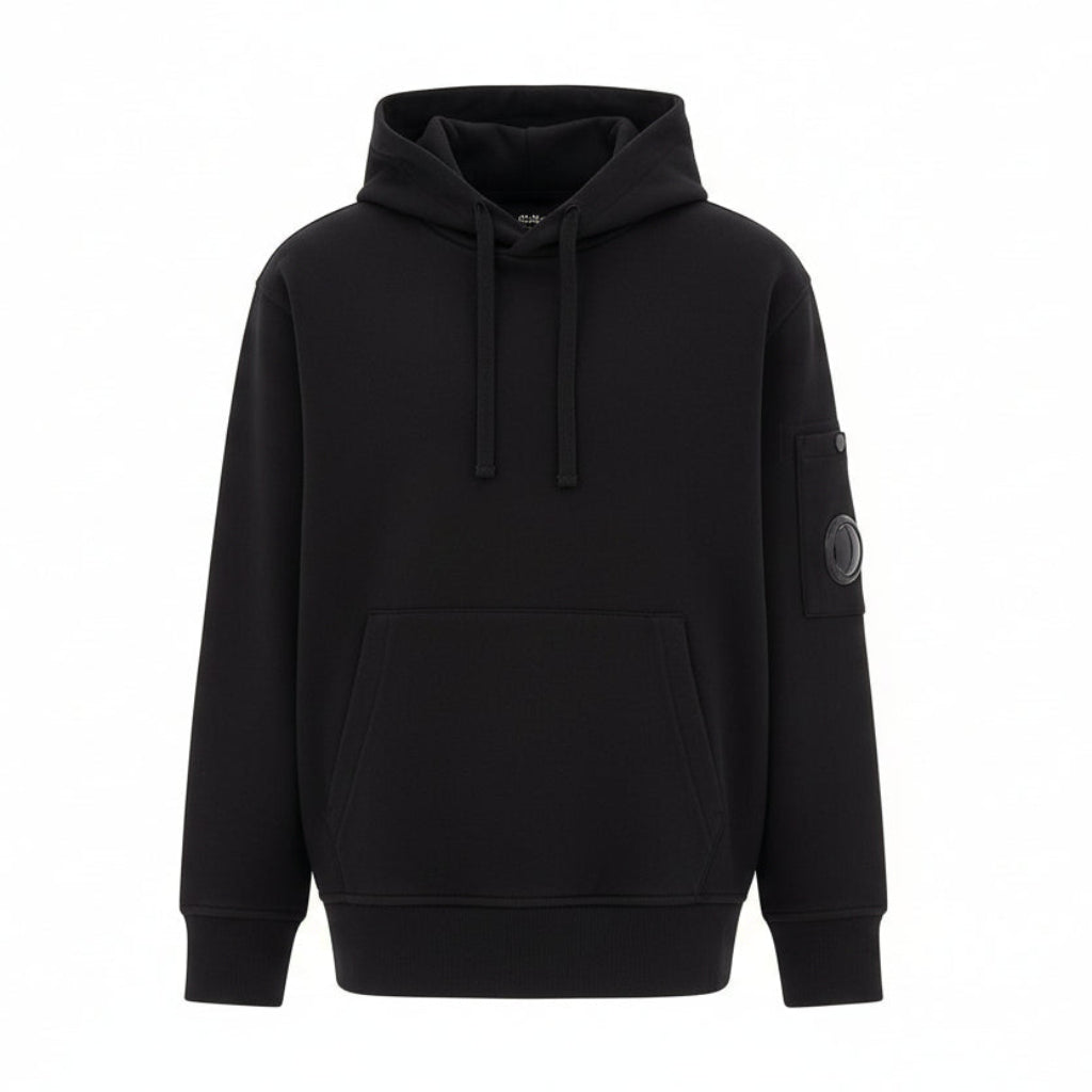 C.P. Company boys' U16 diagonal fleece adjustable hooded sweatshirt with iconic lens detail, kangaroo pocket with ribbed cuffs and hem. Regular fit. Black