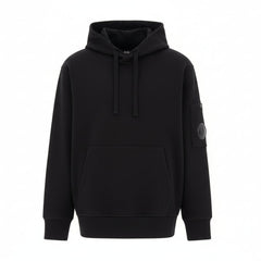 C.P. Company boys' U16 diagonal fleece adjustable hooded sweatshirt with iconic lens detail, kangaroo pocket with ribbed cuffs and hem. Regular fit. Black