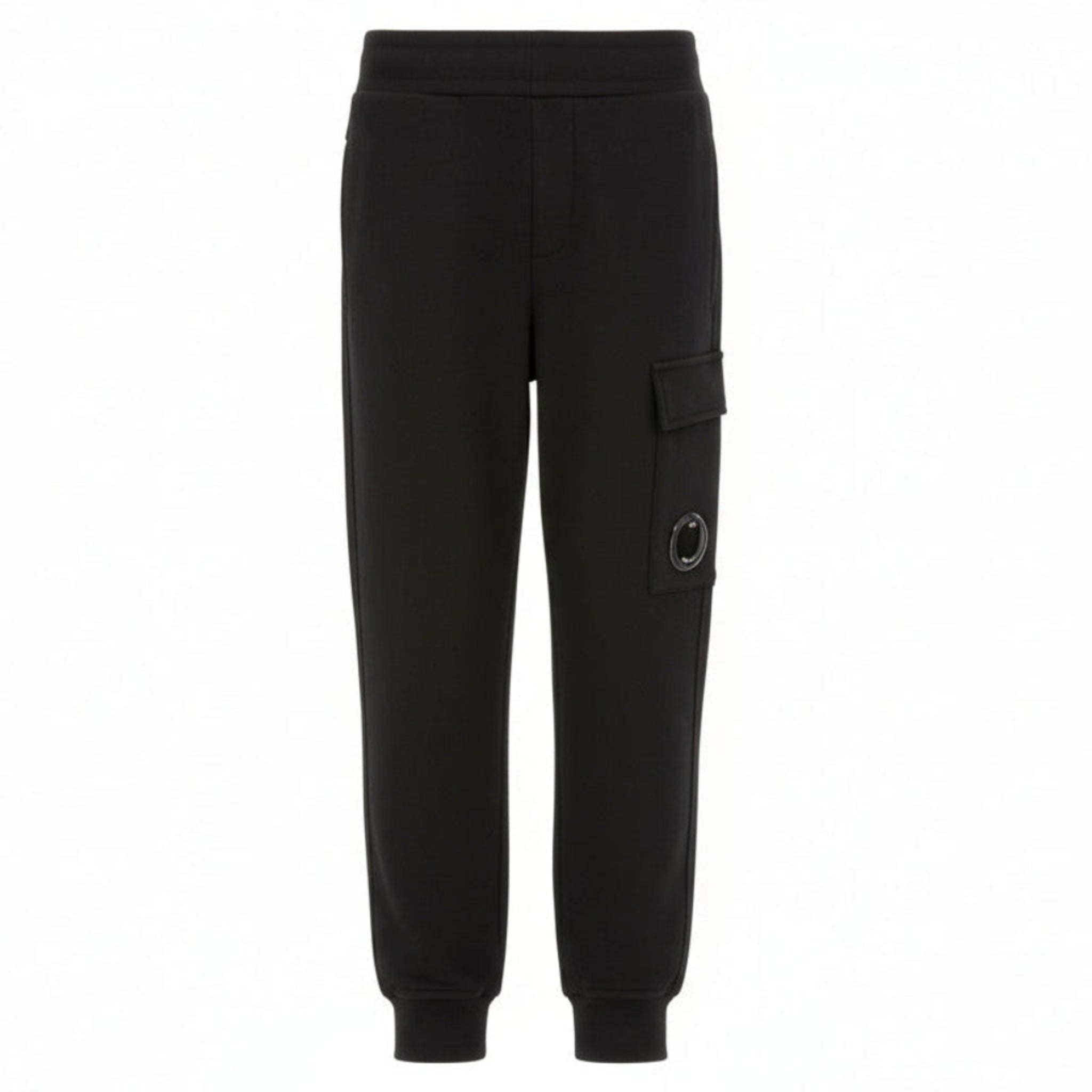CP Company Boys Black U16 Diagonal Fllece Cargo Lens Sweatpants feature an adjustable drawstring waistband, practical side pockets, and signature cargo flap pockets with iconic Lens detailing