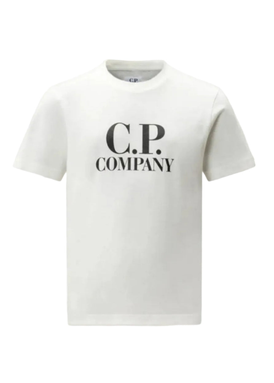 CP Company Kids Logo Print T-Shirt with logo that sits on the front and centre, while a distinctive goggle print adorns the back. White