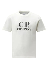 CP Company Kids Logo Print T-Shirt with logo that sits on the front and centre, while a distinctive goggle print adorns the back. White