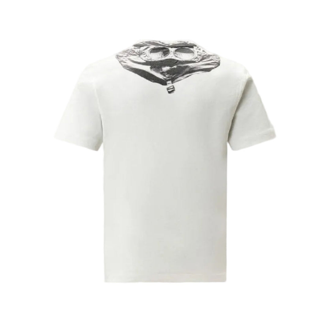 CP Company Kids Logo Print T-Shirt with logo that sits on the front and centre, while a distinctive goggle print adorns the back. White