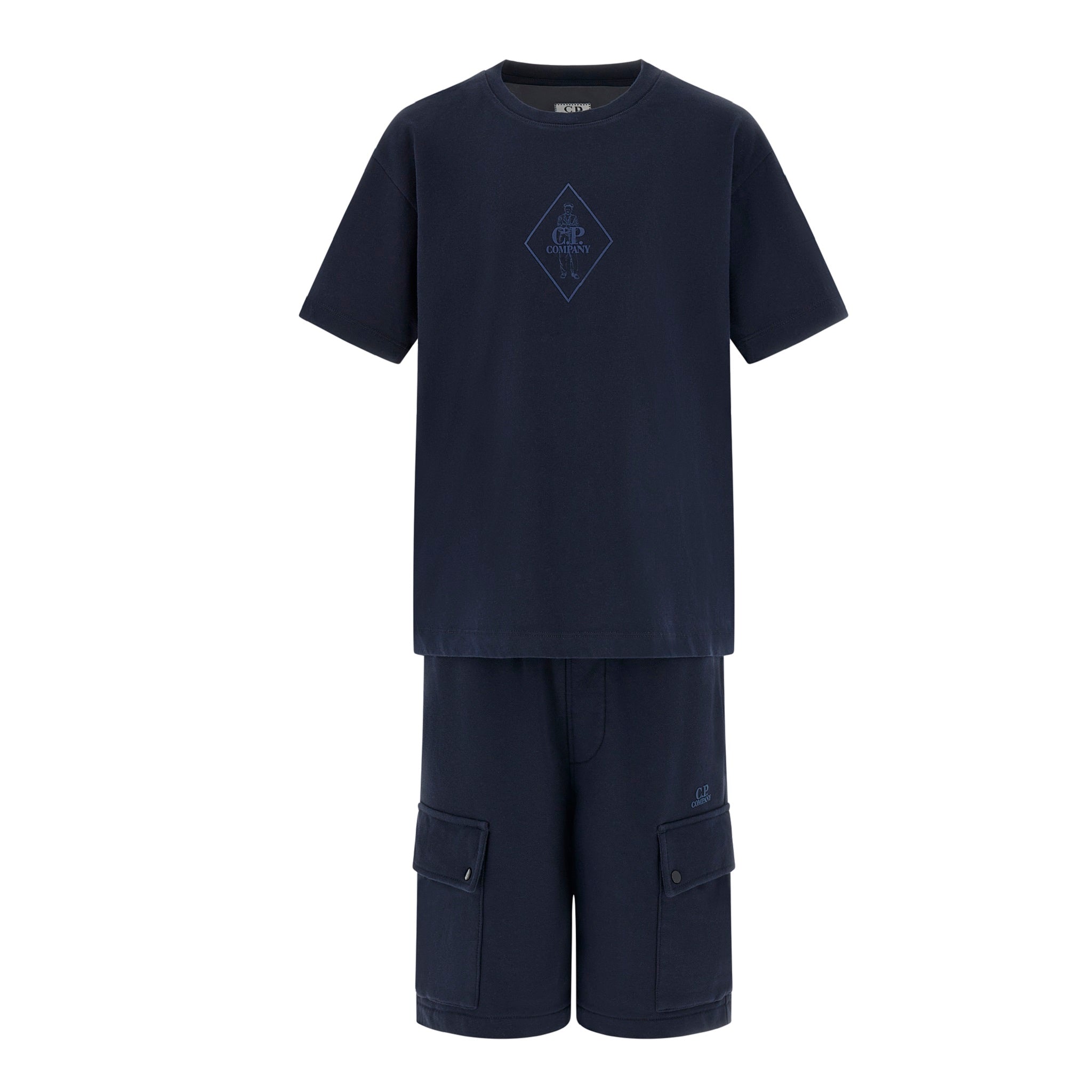 C.P. COMPANY Boys Cotton Jersey T-shirt and cargo shorts. Eclipse Blue