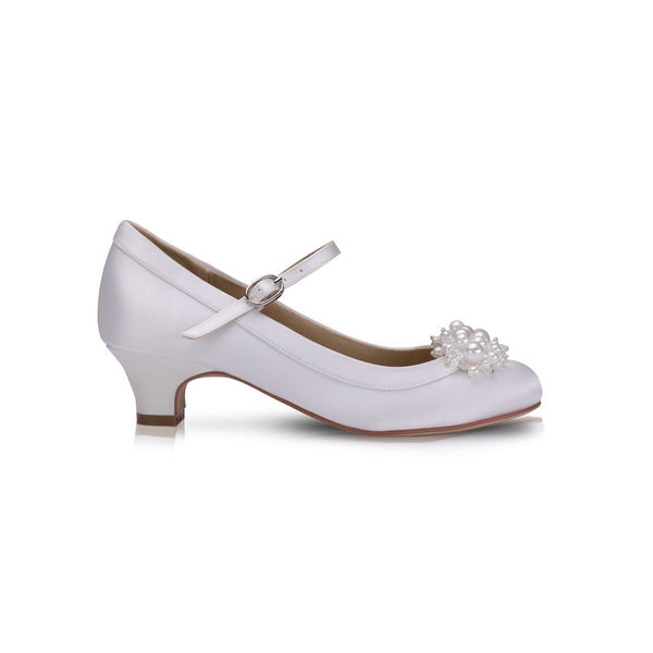 FAITH White Satin Shoes with Pearl Brooch