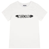 White T-shirt for boys and girls by the luxury Italian designer Moschino. Made from soft cotton jersey, it features the brand's logo print in white and black on the front.