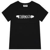 Black T-shirt for boys and girls by the luxury Italian designer Moschino. Made from soft cotton jersey, it features the brand's logo print in white and black on the front.