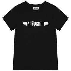 Black T-shirt for boys and girls by the luxury Italian designer Moschino. Made from soft cotton jersey, it features the brand's logo print in white and black on the front.