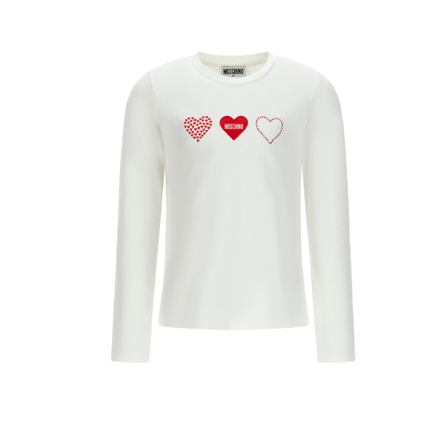 White T-shirt for girls by the luxury Italian designer Moschino. Made from soft cotton jersey, it features the heart print in red on the front. Designed with a ribbed neckline and short long sleeves for comfort and durability