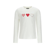 White T-shirt for girls by the luxury Italian designer Moschino. Made from soft cotton jersey, it features the heart print in red on the front. Designed with a ribbed neckline and short long sleeves for comfort and durability