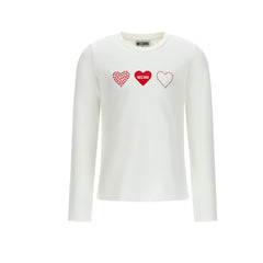 White T-shirt for girls by the luxury Italian designer Moschino. Made from soft cotton jersey, it features the heart print in red on the front. Designed with a ribbed neckline and short long sleeves for comfort and durability