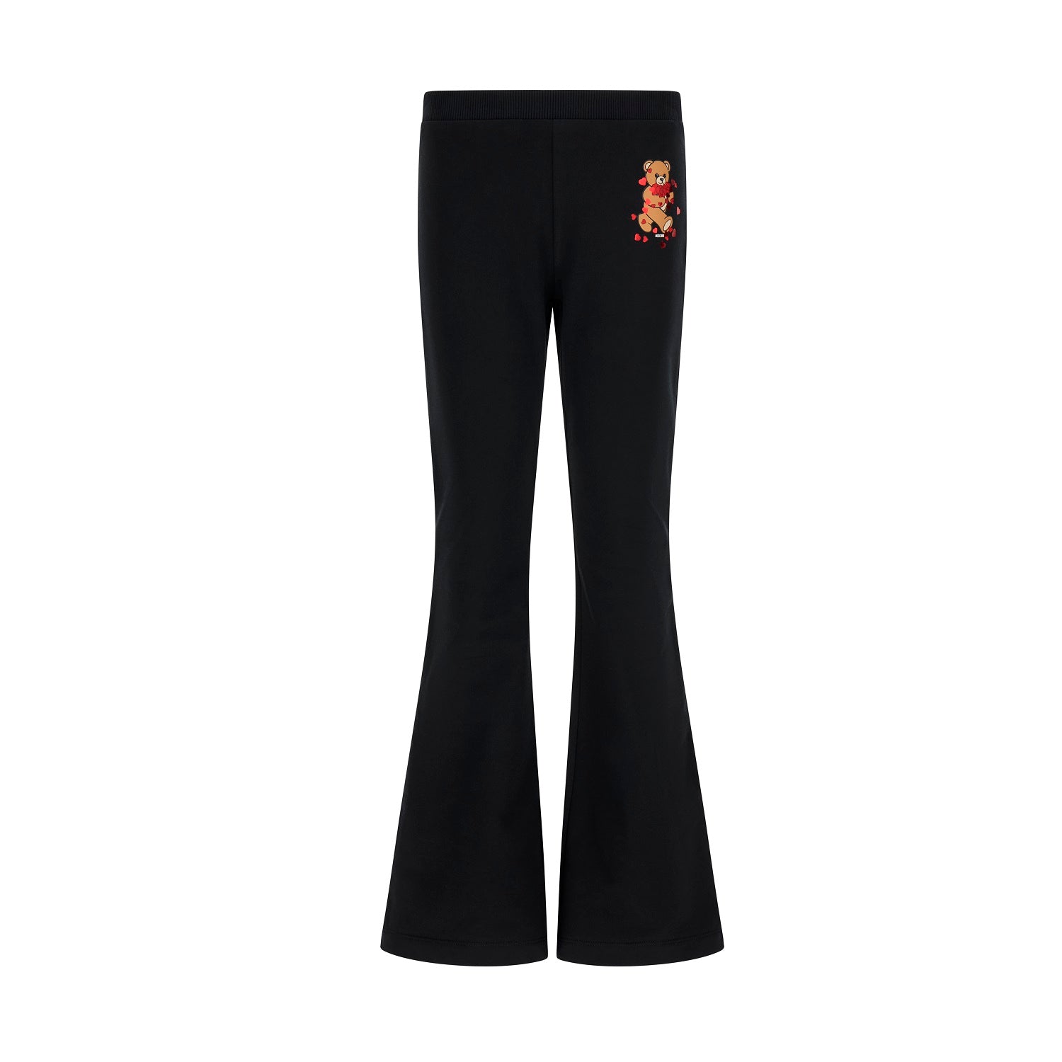Black trousers for girls by the luxury Italian designer Moschino. Crafted from soft cotton with a touch of elastane, they showcase the brand's iconic Teddy Bear motif with red hearts and logo print on the front. The stylish flared hem and elasticated waistband deliver both comfort and contemporary style. 