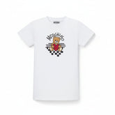 Optical White T-shirt girls by the luxury Italian designer Moschino. Made from soft cotton jersey, it features the bears brand's logo with heart print on the front.