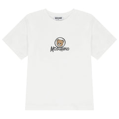 Iconic Moschino teddy bear and logo print brings playful luxury to this soft cotton jersey long sleeve tee. Designed for boys and girls.