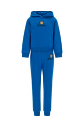 Moschino Kids Hooded Tracksuit in princess blue, featuring the iconic teddy bear and logo print. Soft cotton construction with ribbed trims, elasticated waistband and ankles on jogger trousers. Suitable for boys and girls.
