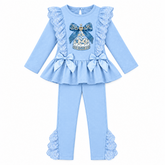 Giorgio Bambini girls light blue two-piece outfit consisting of a long-sleeve ruffled top with a bow and carousel graphic with lace ruffles and matching leggings with lace ruffles cuffs.
