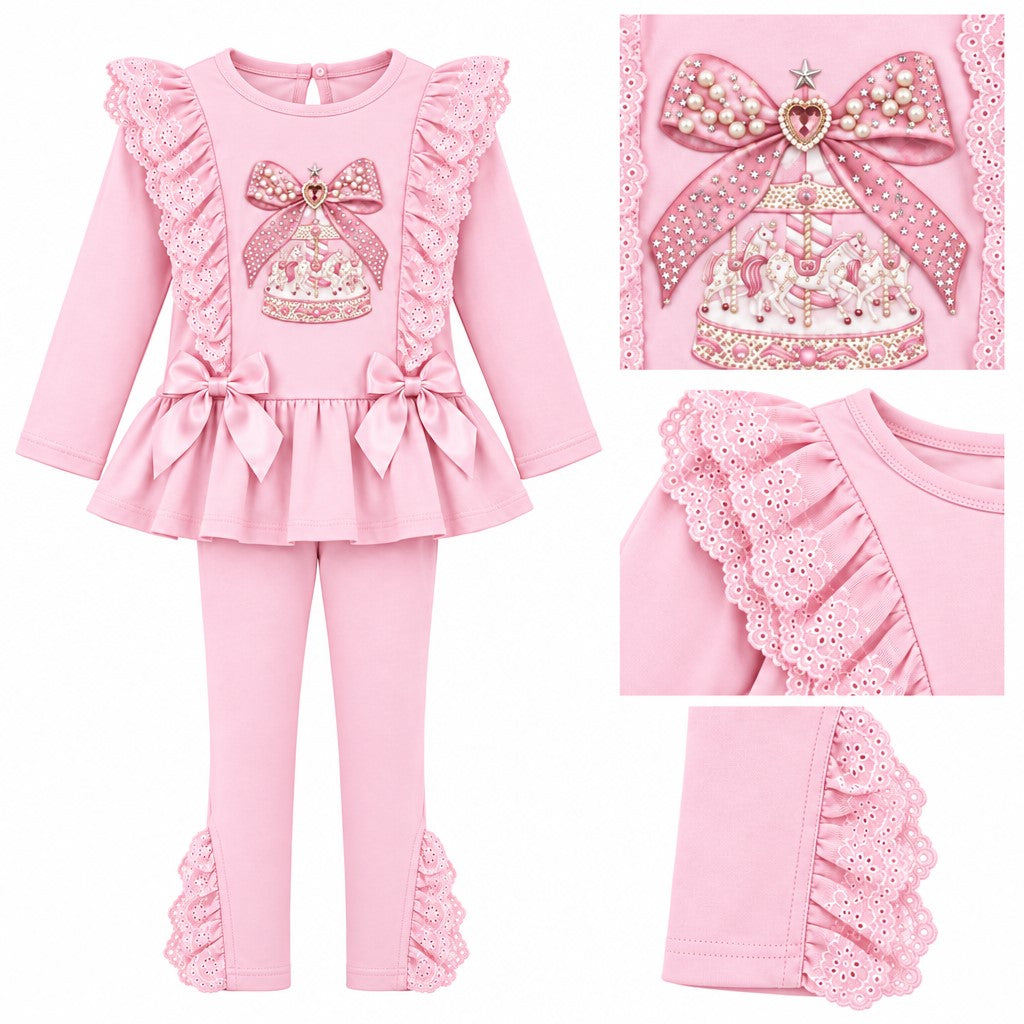 Giorgio Bambini girls pink two-piece outfit consisting of a long-sleeve ruffled top with a bow and carousel graphic with lace ruffles and matching leggings with lace ruffles cuffs.