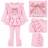 Giorgio Bambini girls pink two-piece outfit consisting of a long-sleeve ruffled top with a bow and carousel graphic with lace ruffles and matching leggings with lace ruffles cuffs.